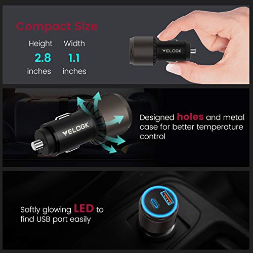 VELOGK Super Fast Type C Car Charger [73W Turbo], Metal Adaptive 55W 45W PPS/PD&QC3.0 USB C Car Adapter[Super Fast Charging 2.0]for Samsung S23 Ultra/S22+/S21/S20/Note 20/10 Plus,iPad Pro/Air,Macbook