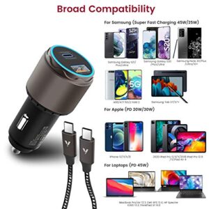 VELOGK Super Fast Type C Car Charger [73W Turbo], Metal Adaptive 55W 45W PPS/PD&QC3.0 USB C Car Adapter[Super Fast Charging 2.0]for Samsung S23 Ultra/S22+/S21/S20/Note 20/10 Plus,iPad Pro/Air,Macbook