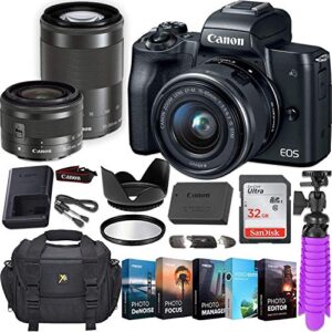 canon eos m50 mirrorless digital camera w/ 2 canon lenses (15-45mm f/3.5-6.3 is stm and 55-200mm f/4.5-6.3 is stm)+ photo/video editing software & deluxe accessory kit (renewed)