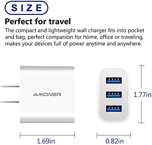 USB Wall Charger, Amoner 2Pack 15W 3-Port USB Plug Cube USB Cube Power Adapter for iPhone 14/13/12/11/Pro/ProMax/Xs/XR/X/8, Galaxy S22 S21 and More