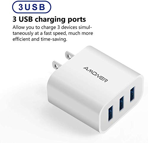 USB Wall Charger, Amoner 2Pack 15W 3-Port USB Plug Cube USB Cube Power Adapter for iPhone 14/13/12/11/Pro/ProMax/Xs/XR/X/8, Galaxy S22 S21 and More