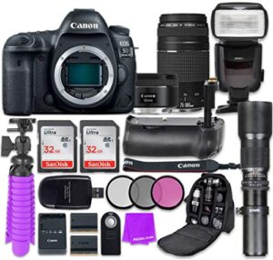 canon eos 5d mark iv digital slr camera with canon ef 50mm f/1.8 stm lens + canon ef 75-300mm f/4-5.6 iii lens + accessory bundle (renewed)