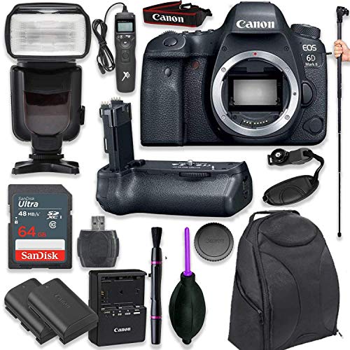 Canon EOS 6D Mark II Digital SLR Camera Body - Wi-Fi Enabled with Pro Camera Battery Grip, Professional TTL Flash, Deluxe Backpack, Timer Remote, Spare LP-E6 Battery (16 Items) (Renewed)