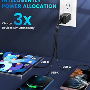 Baseus USB C Charger, 65W 3 Port Foldable USB C Wall Charger, Fast PD GaN Charger for iPhone 14/14 pro/13 Pro/13 Pro Max/SE/Mini/11/XR/XS, Steam Deck, Samsung S22+/S22, MacBook, iPad, Pixel 6, Black