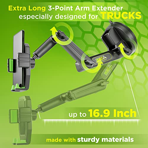 Truckules Truck Phone Holder Mount Heavy Duty Cell Phone Holder for Truck Dashboard Windshield 16.9 inch Long Arm, Super Suction Cup & Stable, Compatible with iPhone & Samsung, Green, Pickup Truck