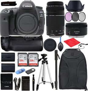 canon eos 5d mark iv dslr camera bundle with ef 50mm f1.8 stm lens + ef 75-300mm f4-5.6 iii lens + 256gb memory, accessories, black, full-size (1483c002)