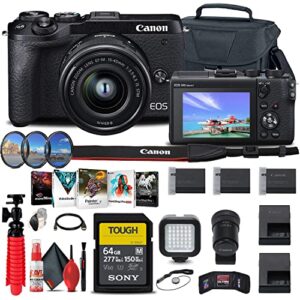 canon eos m6 mark ii mirrorless digital camera with 15-45mm lens and evf-dc2 viewfinder (black) (3611c011) + 64gb tough card + case + filter kit + photo software + 2 x lpe17 battery + more (renewed)