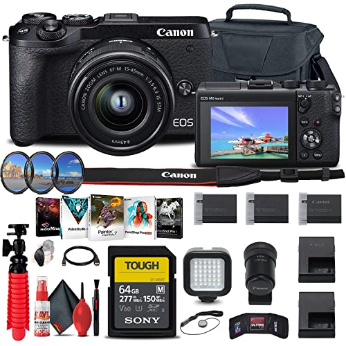 Canon EOS M6 Mark II Mirrorless Digital Camera with 15-45mm Lens and EVF-DC2 Viewfinder (Black) (3611C011) + 64GB Tough Card + Case + Filter Kit + Photo Software + 2 x LPE17 Battery + More (Renewed)