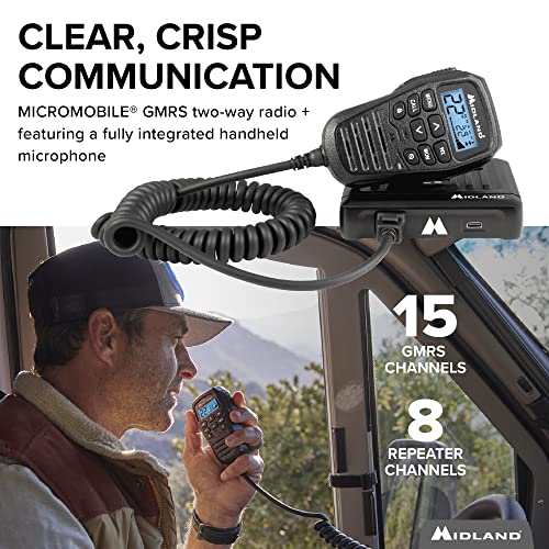 Midland – MXT275 MicroMobile GMRS Radio – 15 watts Two-Way Radio with Integrated Control Microphone – Overland Caravanning Tractors – Detachable External Magnetic Mount Antenna - 8 Repeater Channels