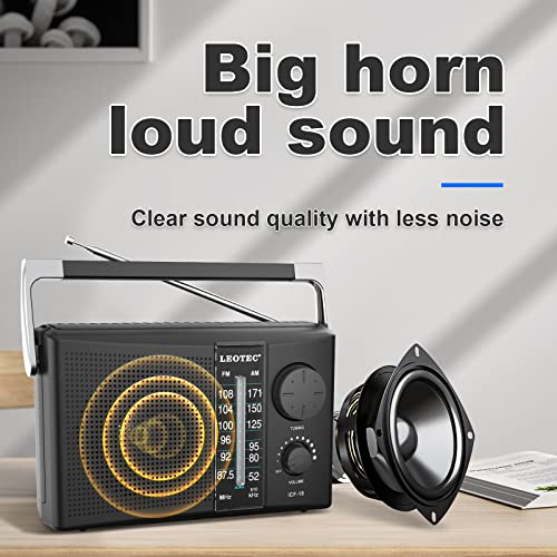 LEOTEC Portable AM FM Radio with Best Reception,Battery Operated or AC Power,Big Speaker,Large Tuning Knob,Clear Dial,Earphone Jack for Gift,Elder,Home