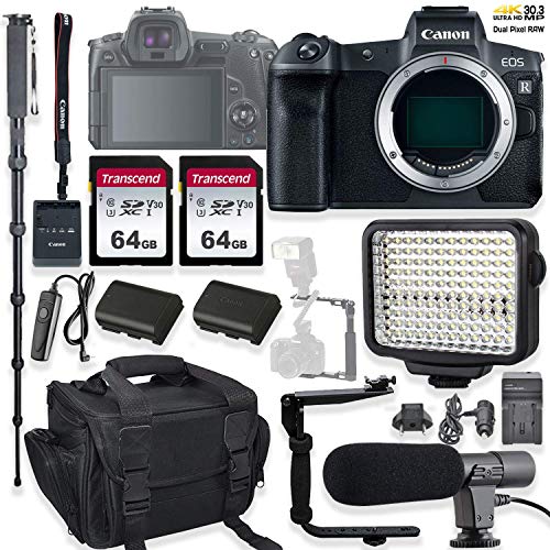 Canon EOS R Mirrorless Digital Camera (Body Only) Holiday Deal Bundle with LED Video Light, FB 150 Flash/Light Bracket & Microphone Accessory Kit (Renewed)