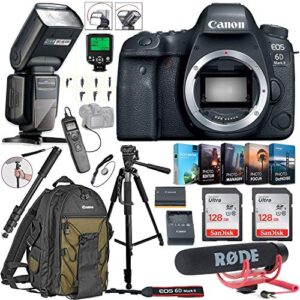 canon eos 6d mark ii dslr camera (body only) bundle includes 2x 128gb memory, ttl auto flash, canon backpack, rode microphone, time remote with lcd, photo/video software package & more (renewed)