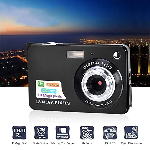 Digital Camera Mini Pocket Camera 18MP 2.7 Inch LCD Screen 8X Zoom Smile Capture Anti-Shake with Battery