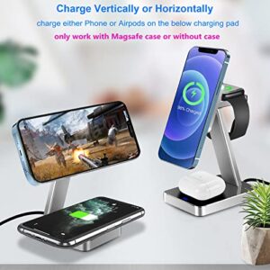 Aluminum Alloy 3 in 1 Magnetic Wireless Charger,15W Fast Wireless Charging Station Compatible with MagSafe Charger Stand iPhone 14 13 12 Pro/Pro Max/Mini/14 Plus,Apple Watch 8/7/SE/6/5/4/3,Airpods