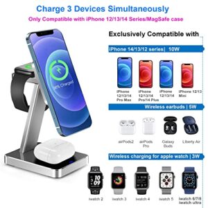 Aluminum Alloy 3 in 1 Magnetic Wireless Charger,15W Fast Wireless Charging Station Compatible with MagSafe Charger Stand iPhone 14 13 12 Pro/Pro Max/Mini/14 Plus,Apple Watch 8/7/SE/6/5/4/3,Airpods