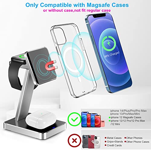 Aluminum Alloy 3 in 1 Magnetic Wireless Charger,15W Fast Wireless Charging Station Compatible with MagSafe Charger Stand iPhone 14 13 12 Pro/Pro Max/Mini/14 Plus,Apple Watch 8/7/SE/6/5/4/3,Airpods