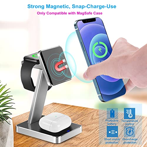 Aluminum Alloy 3 in 1 Magnetic Wireless Charger,15W Fast Wireless Charging Station Compatible with MagSafe Charger Stand iPhone 14 13 12 Pro/Pro Max/Mini/14 Plus,Apple Watch 8/7/SE/6/5/4/3,Airpods