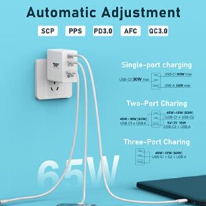 USB C Charger 65W PD 3.0 GaN Charger Type C Foldable Adapter with 3-Port Fast Wall Charger Compatible with iPhone 14/13/12 Pro/11, iPad Pro,3,Samsung, MacBook Pro/Air, Laptops(with USB C to C Cable)