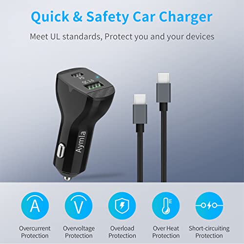 USB C Super Fast Charging Car Charger, Aymla 60W/45W/25W/15W PD[PPS] & QC3.0 Adaptive Adapter for Samsung Galaxy S23 Ultra/Plus/S22/S21, Note 20/10, Google Pixel, MacBook, iPad Pro - 6ft Type-C Cord