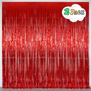 red foil fringe curtain party decorations, melsan 3.2 x 8 ft metallic tinsel curtains streamer backdrop for christmas, birthday, anniversary, valentine’s day party decorations, pack of 2