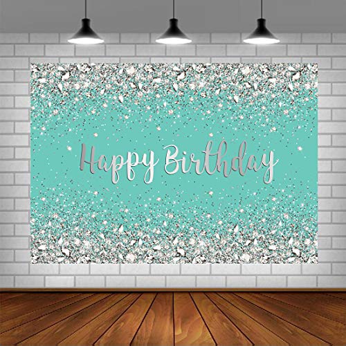 Breakfast Blue and Sliver Birthday Photography Backdrop Sweet 16th 21st Shiny Diamonds Background Girls Adult Women Happy Birthday Party Decorations Cake Table Banner Photo Booth Props 5x3ft