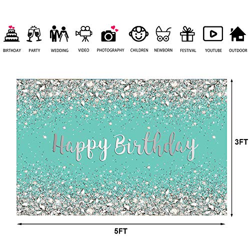 Breakfast Blue and Sliver Birthday Photography Backdrop Sweet 16th 21st Shiny Diamonds Background Girls Adult Women Happy Birthday Party Decorations Cake Table Banner Photo Booth Props 5x3ft
