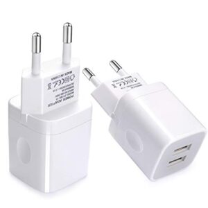 european wall charger, vifigen 2-pack usb 2.1amp universal europe charger block dual port plug compatible for iphone 14 13 12 11 pro max xs xr x se 8 7 6 plus, samsung s22 s21 a13, note 20, lg, moto