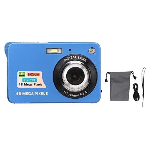 4K Compact Digital Camera, 48MP 2.7in LCD Screen Pocket Camera for Kids, 8X Zoom Rechargeable Students Vlogging Camera Support 128GB TF Card for Gifts, Beginners (Blue)