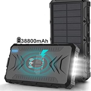 Solar Power Bank,Solar Charger 38800mAh, Qi Wireless Charger, Outputs 5V/3A High-Speed & 2 Inputs Huge Capacity Phone Charger for Smartphones, IP66 Rating, Strong Light LED Flashlights (Black)