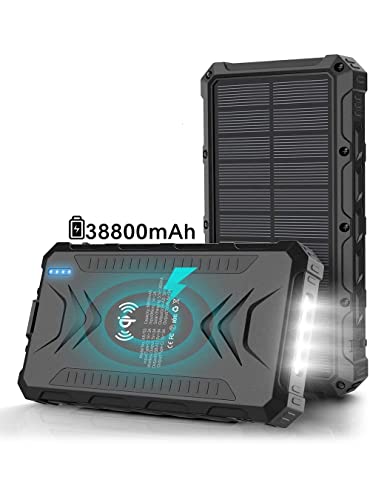 Solar Power Bank,Solar Charger 38800mAh, Qi Wireless Charger, Outputs 5V/3A High-Speed & 2 Inputs Huge Capacity Phone Charger for Smartphones, IP66 Rating, Strong Light LED Flashlights (Black)