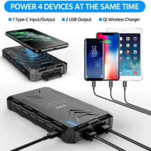 Solar Power Bank,Solar Charger 38800mAh, Qi Wireless Charger, Outputs 5V/3A High-Speed & 2 Inputs Huge Capacity Phone Charger for Smartphones, IP66 Rating, Strong Light LED Flashlights (Black)