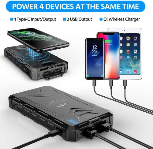 Solar Power Bank,Solar Charger 38800mAh, Qi Wireless Charger, Outputs 5V/3A High-Speed & 2 Inputs Huge Capacity Phone Charger for Smartphones, IP66 Rating, Strong Light LED Flashlights (Black)