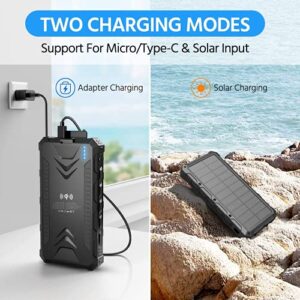 Solar Power Bank,Solar Charger 38800mAh, Qi Wireless Charger, Outputs 5V/3A High-Speed & 2 Inputs Huge Capacity Phone Charger for Smartphones, IP66 Rating, Strong Light LED Flashlights (Black)