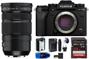fujifilm x-t5 mirrorless digital camera body with fujifilm xf 18-120mm f/4 lm pz wr lens bundle, includes: sandisk 64gb extreme pro sdxc memory card, spare battery + more (7 items) (black)