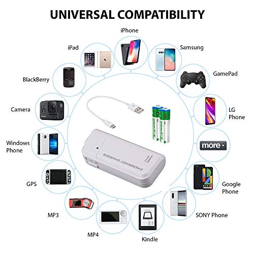 Works Portable AA Battery Travel Charger for iPhone, Andriod, Galaxy, Laptop and Emergency Re-Charger with LED Light! (Takes 2 AA Batteries,USB-C) [White]