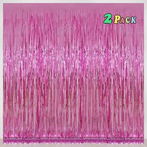 pink foil fringe curtains tinsel backdrop, melsan 3.2 x 8 ft metallic tinsel curtains party decorations for baby shower,babbie, mermaid themed birthday party backdrop – pack of 2