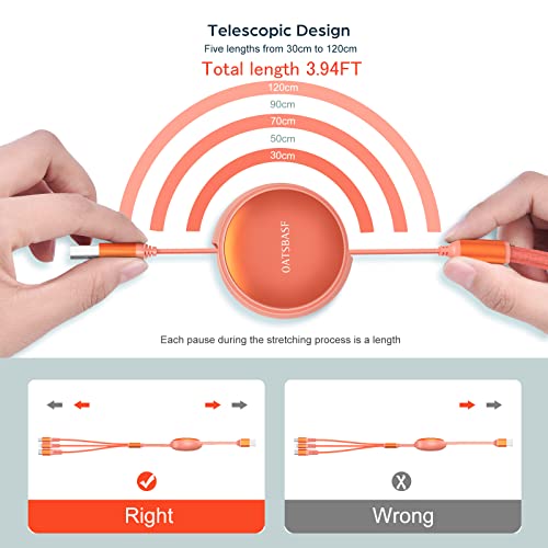 OATSBASF Multi USB Charger Cable Retractable 3 in 1 Multiple Charging Cord Adapter with Mini Type C/Micro USB/Phone Port/Holder, Compatible with Phone 14 13 12 11 X/Tablets Universal Use (B Orange)