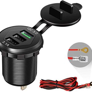 Quick Charge 3.0 Car Charger, 12V/24V 35W QC3.0/2.0 USB Charger Socket, 3 USB Charger Socket Power Outlet Fast Charge with Wire Fuse Aluminum Car Boat Marine ATV Bus Truck Golf Cart and More(Black