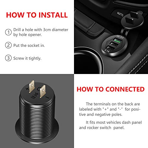 Quick Charge 3.0 Car Charger, 12V/24V 35W QC3.0/2.0 USB Charger Socket, 3 USB Charger Socket Power Outlet Fast Charge with Wire Fuse Aluminum Car Boat Marine ATV Bus Truck Golf Cart and More(Black