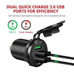 Quick Charge 3.0 Car Charger, 12V/24V 35W QC3.0/2.0 USB Charger Socket, 3 USB Charger Socket Power Outlet Fast Charge with Wire Fuse Aluminum Car Boat Marine ATV Bus Truck Golf Cart and More(Black