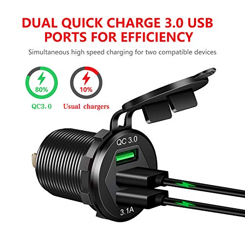 Quick Charge 3.0 Car Charger, 12V/24V 35W QC3.0/2.0 USB Charger Socket, 3 USB Charger Socket Power Outlet Fast Charge with Wire Fuse Aluminum Car Boat Marine ATV Bus Truck Golf Cart and More(Black