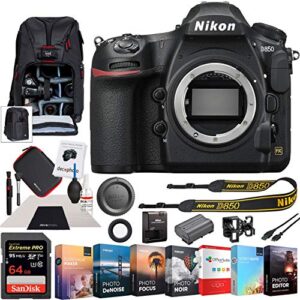nikon d850 45.7mp full-frame fx-format digital slr camera black body bundle with 64gb memory card, photo and video professional editing suite, camera sling backpack and cleaning kit