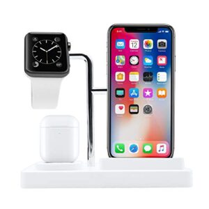 macally airpod iphone apple watch stand holder – a home for your devices – compatible with all iphone, iwatch, airpod series – use only oem cables – 3 in 1 cell phone charging stand (white)