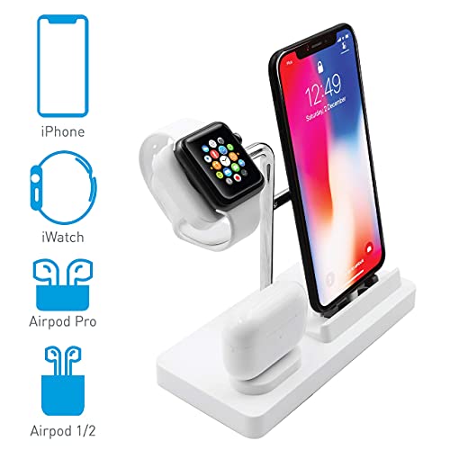 Macally Airpod iPhone Apple Watch Stand Holder - A Home for Your Devices - Compatible with All iPhone, iWatch, Airpod Series - Use Only OEM Cables - 3 in 1 Cell Phone Charging Stand (White)