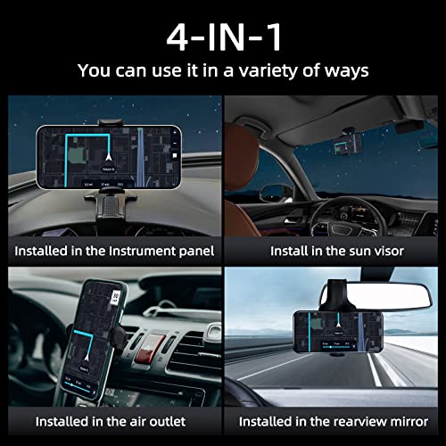 QERRPY Car Phone Holder Mount, Clip On Auto Dashboard & Air Vent & Sun Visor, 360 Degree Rotation One Hand Operation, Fits Most Vehicle and Phones