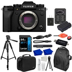 fujifilm x-t5 mirrorless digital camera (black) body bundle with extra battery & charger kit, tripod, backpack, camera case & more (14 items) | usa authorized with fujifilm warranty