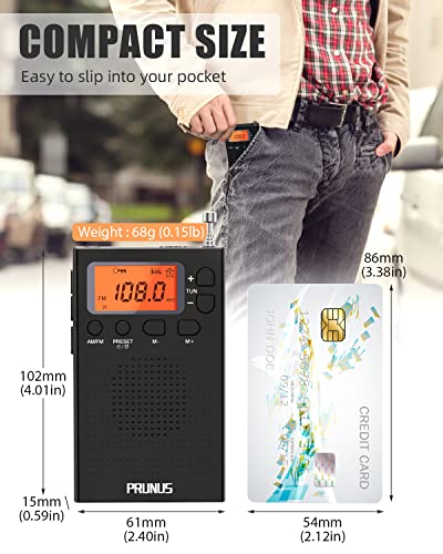 【July Newest】 PRUNUS Pocket Radio AM FM with Earphones, Digital Radio Battery Operated, Walkman Portable Radio with Preset, Timer, Alarm Clock, Lock Button and Lanyard for Walk/Sports Match/Traveling