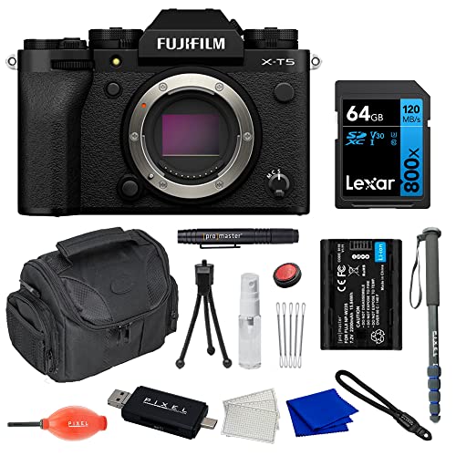 Fujifilm X-T5 Mirrorless Digital Camera Body Bundle with Extra Battery, Monopod, 64GB SDXC Card & More (10 Items) | USA Authorized with Fujifilm Warranty | Fuji x-t5