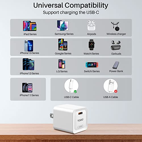 TOZO C1 USB C 20W PD Power Adapter Fast Wall Charger Type C Compatible for iPhone 14/14 Plus/14 Pro/14 Pro Max,iPhone 13/12/Pro/Pro Max/11,iPad Pro,Samsung Galaxy White(Cable not Included)