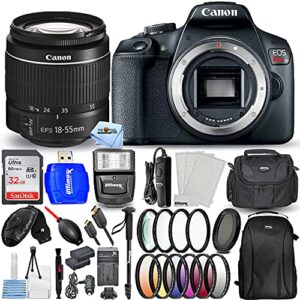 canon rebel t7 with 18-55mm iii lens bundle includes: extra replacement battery and travel charger, ultra 32gb sd, slave flash, filter kit, backpack, 72″ monopod, shutter remote and more